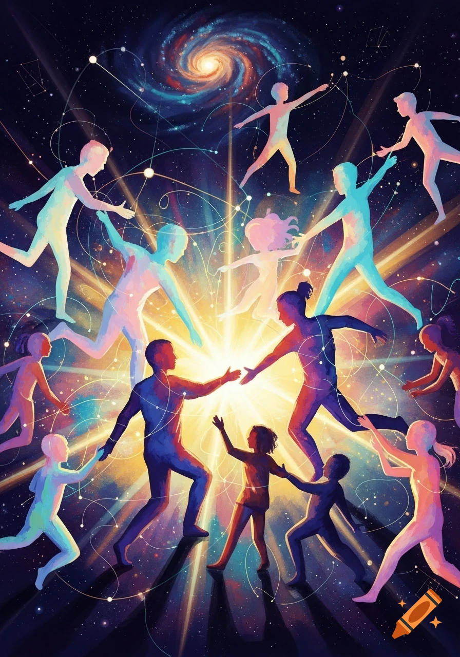 Stylized colorful figures in a cosmic starry space reaching towards a bright central light and a swirling galaxy, depicting collaboration.