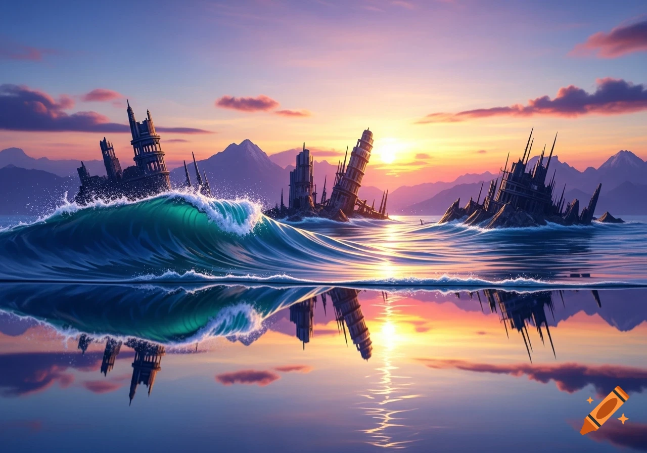 A vibrant digital painting shows ruined city buildings sinking into a turbulent ocean with crashing waves at a colorful sunset.