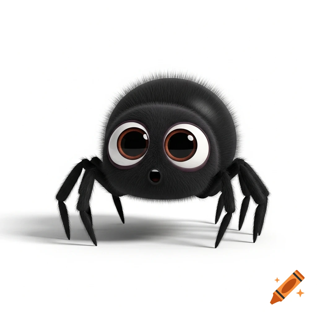 A cute, fluffy black 3D cartoon spider with large brown eyes and a small mouth, standing on a white background.