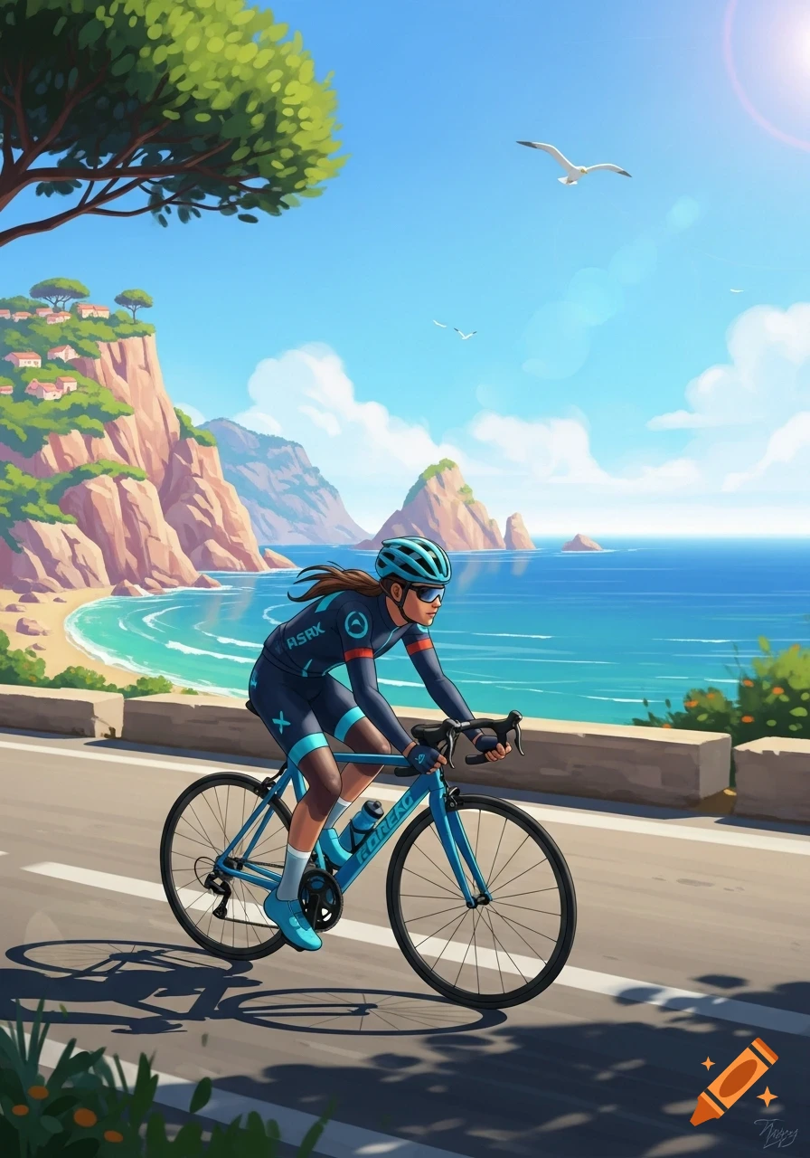 A female cyclist in blue gear rides a blue road bike on a coastal road, with a sunny beach and cliffs in the background, illustrated.