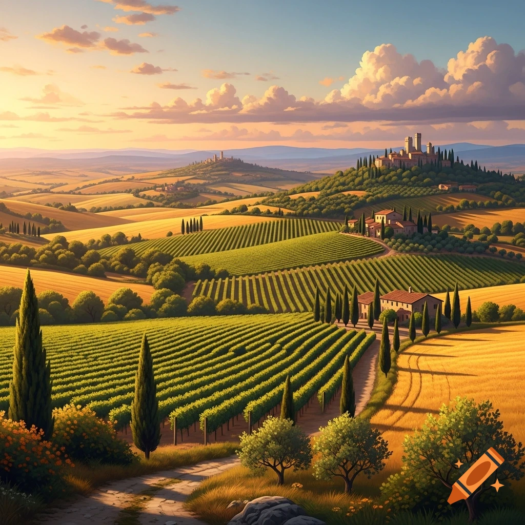 Picturesque Tuscan landscape with rolling hills, green vineyards, golden fields, traditional buildings, and cypress trees under a sunset sky.