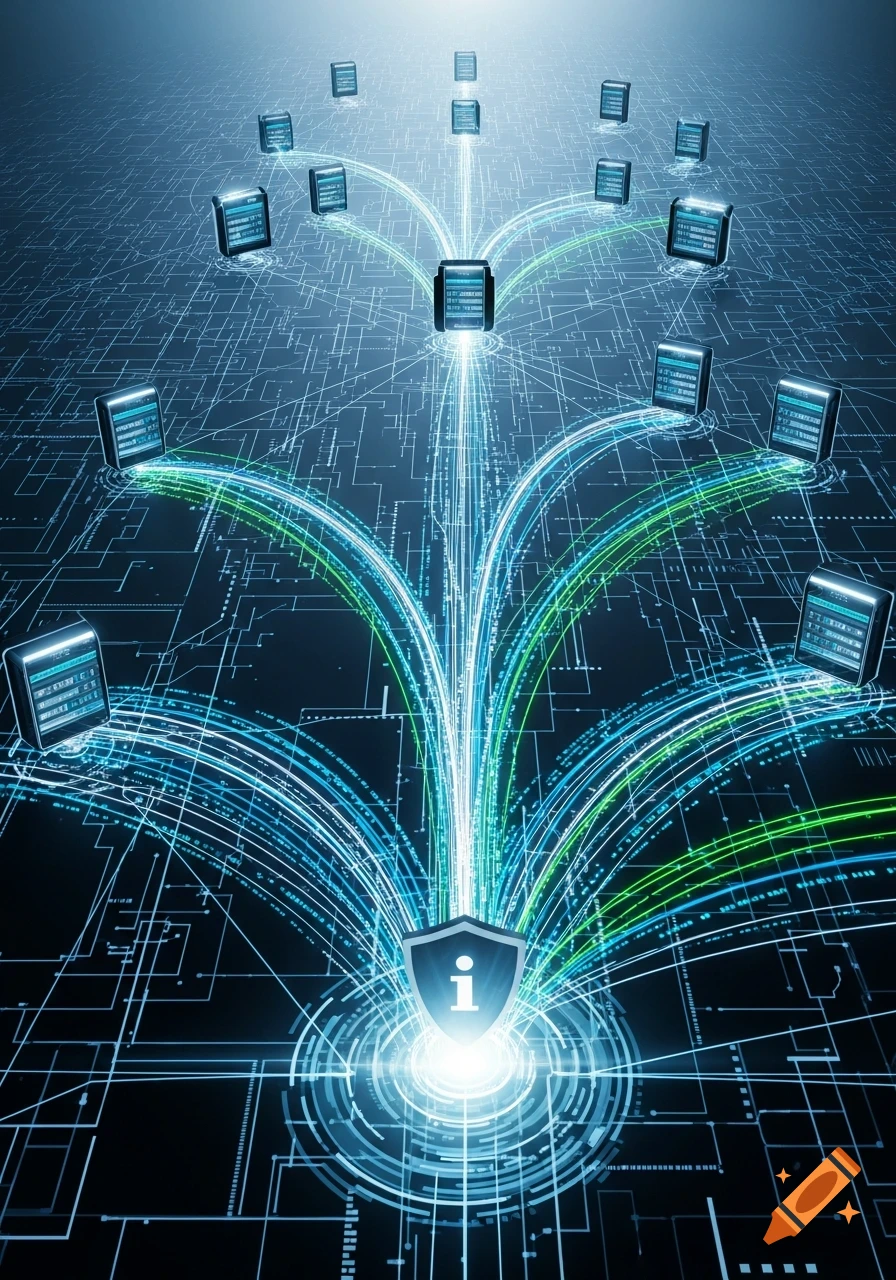 Abstract illustration of data flowing between servers on a network, converging towards a glowing shield with an 'i' symbol.