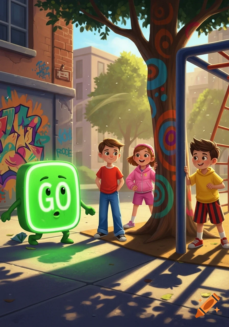 Cartoon of a green 'GO' sign character with arms and legs, looking surprised at three children in a sunlit urban playground with graffiti.