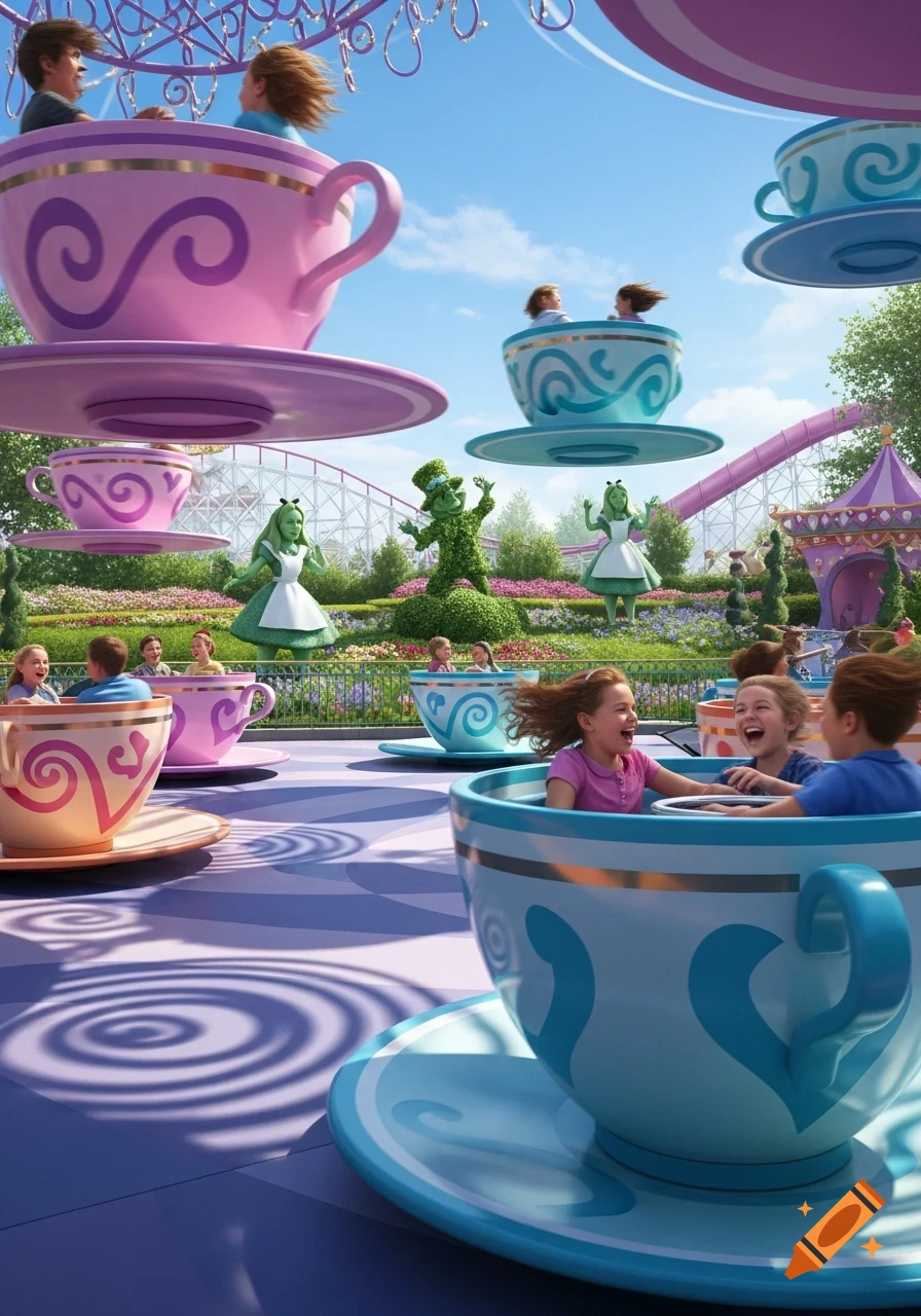 Children laughing and riding colorful teacups at a vibrant outdoor theme park with cartoon topiaries.