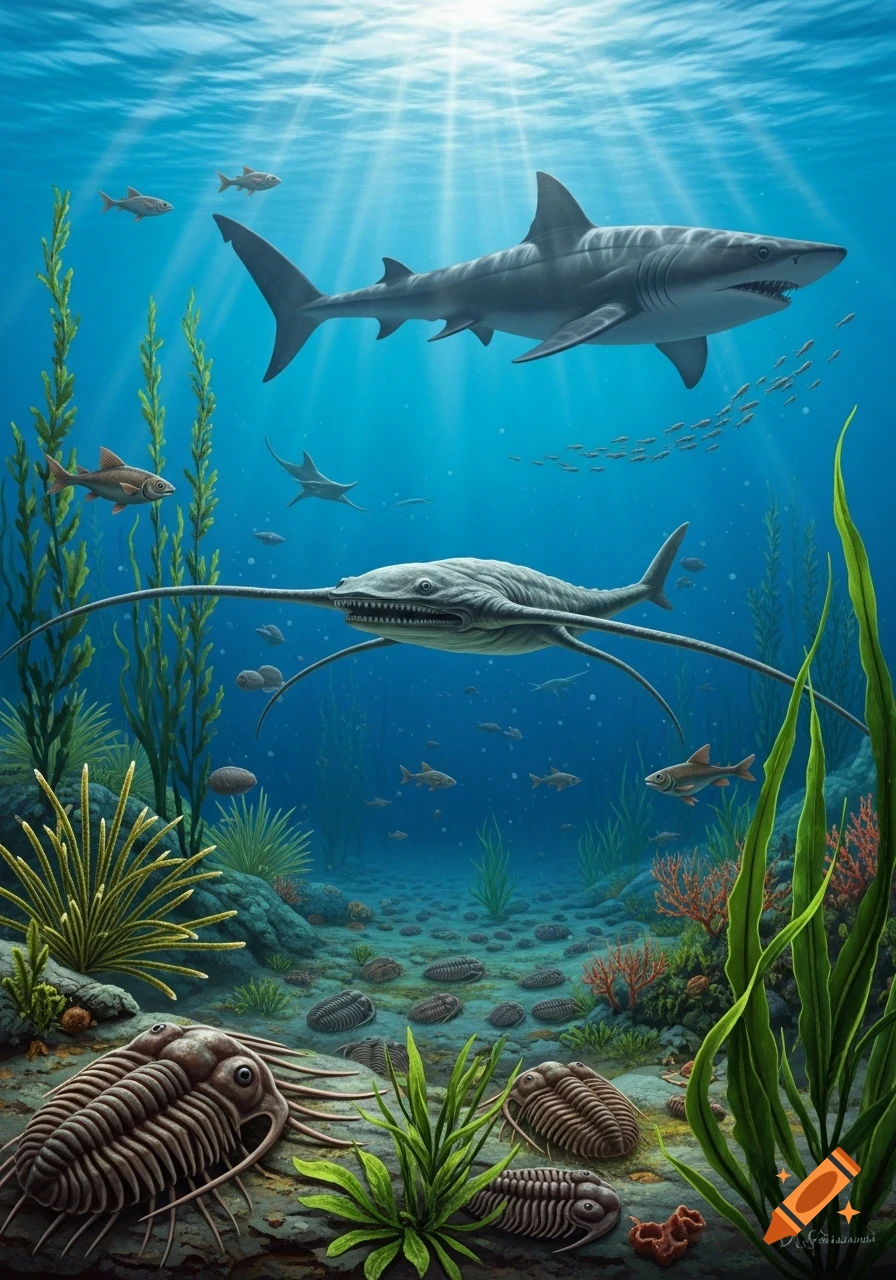 Vibrant illustration of a prehistoric underwater scene with a large shark, an Anomalocaris, fish, and trilobites on the ocean floor.