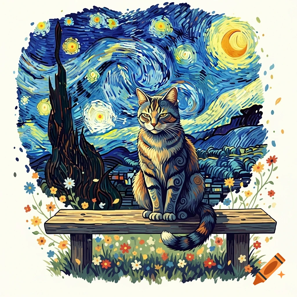 A cat sits on a bench in a vibrant, swirling Van Gogh-style landscape with a starry night sky and flowers.