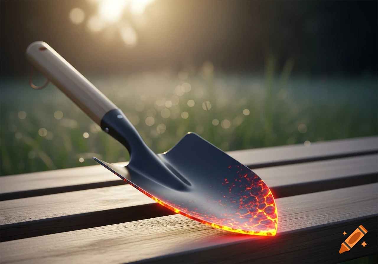 A black hand shovel with glowing red and orange lava-like edges rests on a wooden bench, with a blurry green background and sunlight.