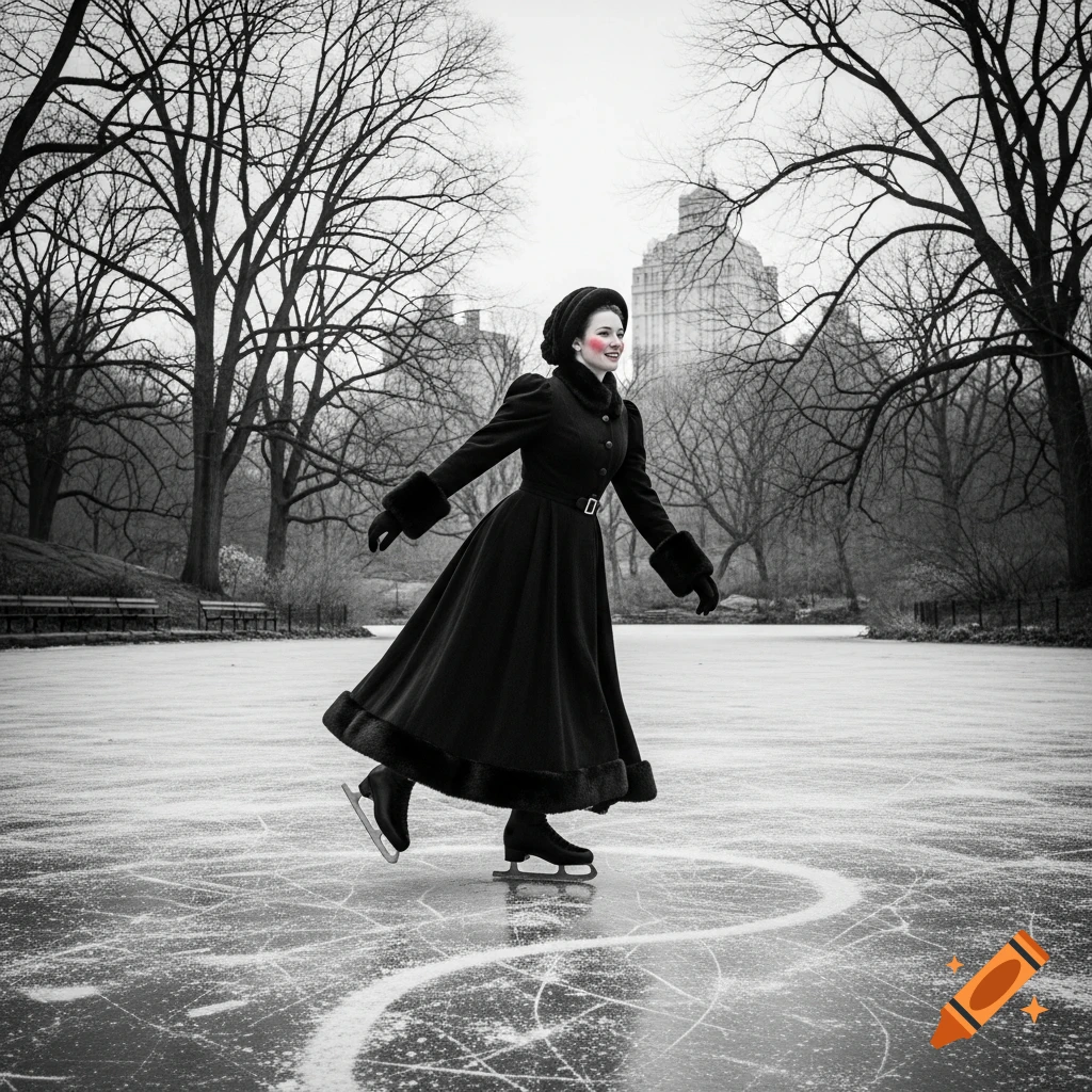 A black and white photo of an 1800s woman with rosy cheeks ice skating on a park pond, cutting a figure 8.