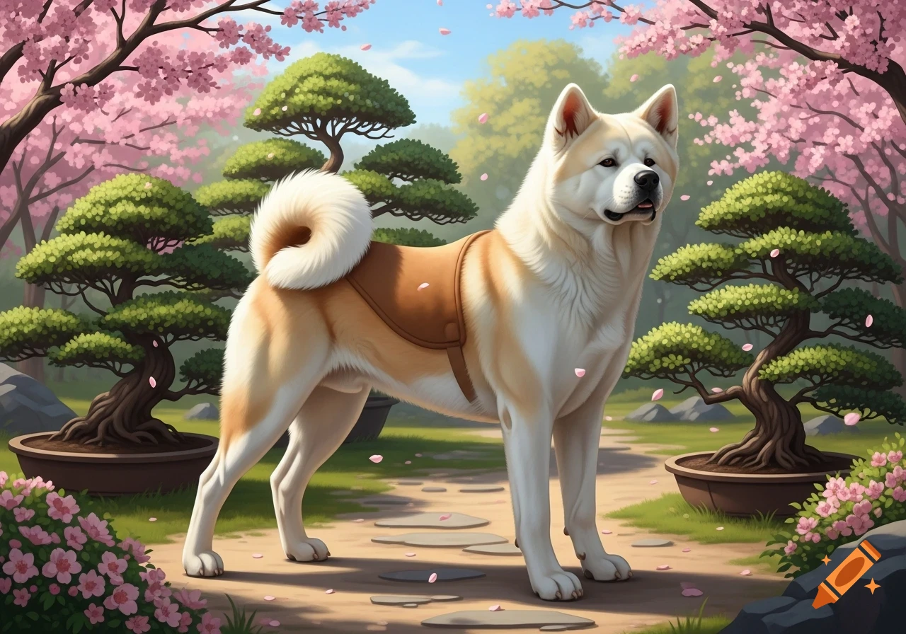 A white and tan Akita dog stands on a stone path in a vibrant Japanese garden with pink cherry blossoms and bonsai trees.