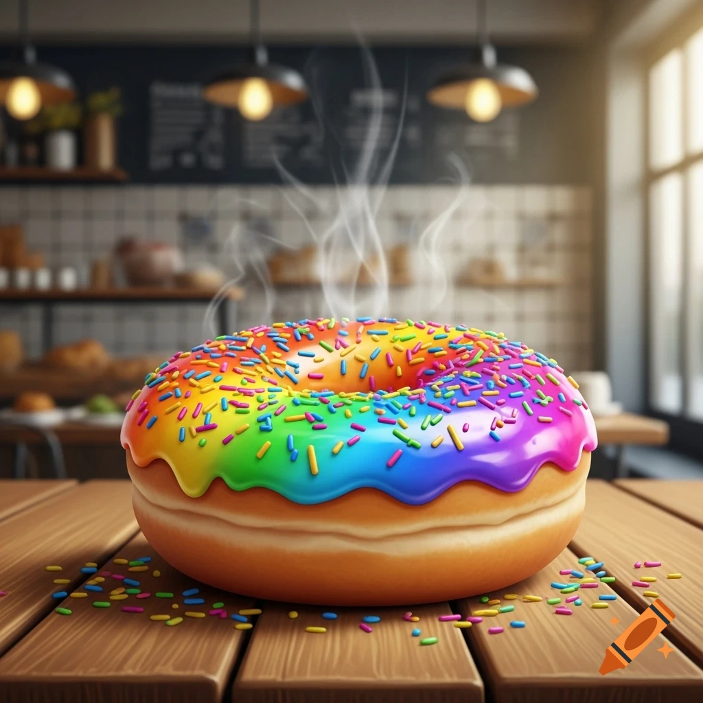 A steaming rainbow-colored donut with sprinkles sits on a wooden table in a photorealistic bakery setting.