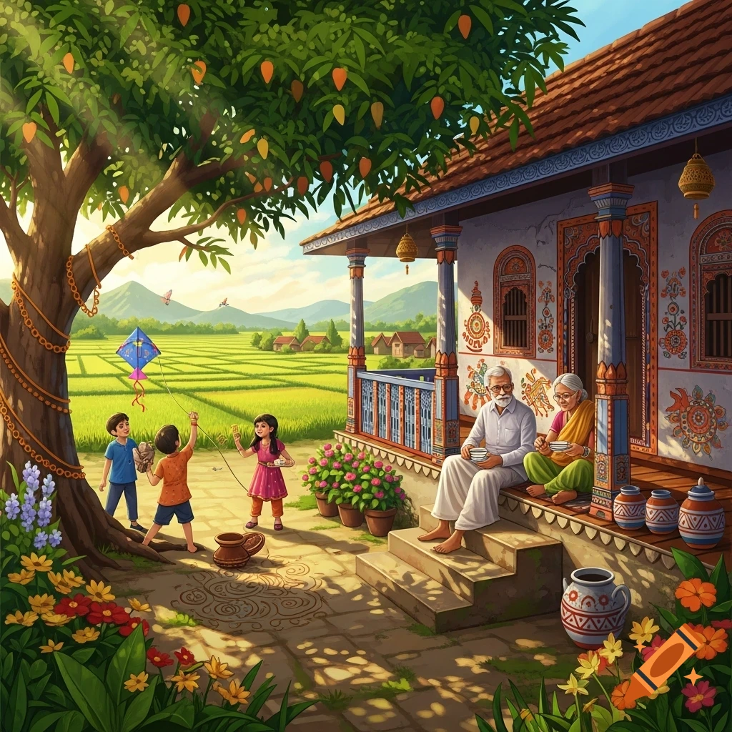 Vibrant illustration of an Indian family: children fly a kite, elderly couple on a traditional porch, mango tree, and rice fields.