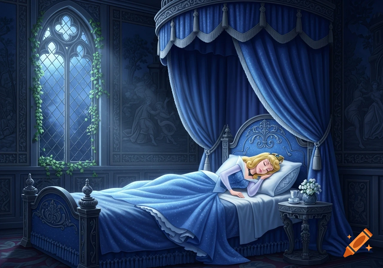 Animated Princess Aurora sleeping peacefully in a grand blue canopy bed in a dark castle room with a vine-covered gothic window.