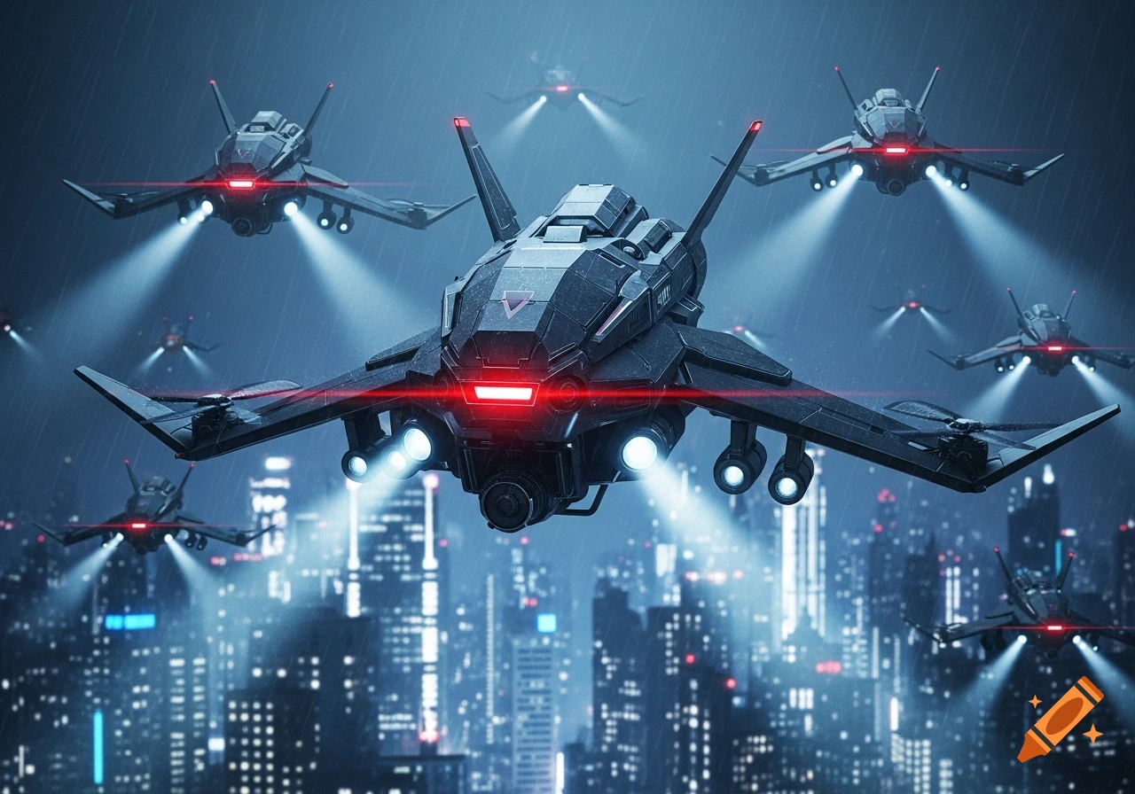 Futuristic dark grey stealth drones with red lights and white beams fly over a rainy neon-lit city at night.