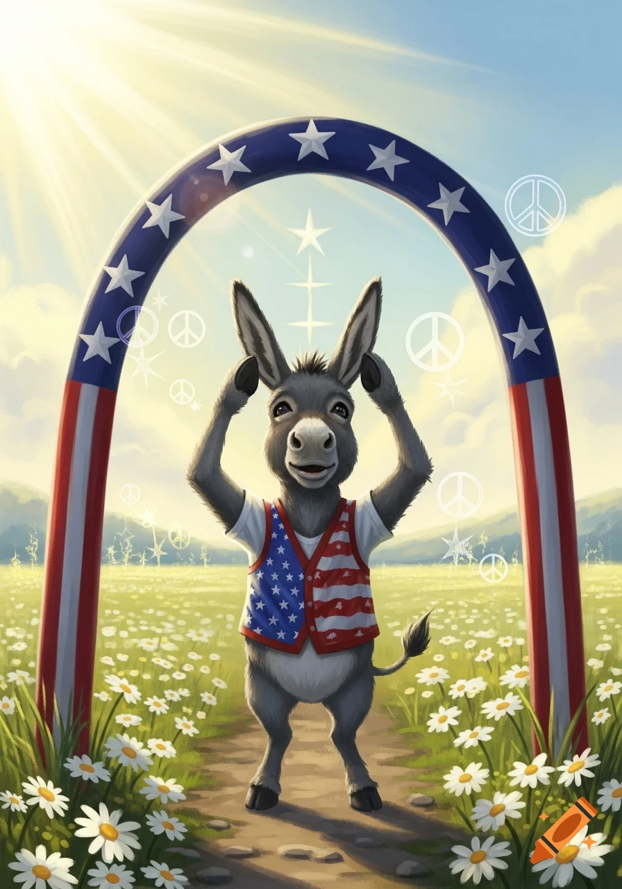 A happy cartoon democratic donkey in an American flag vest stands under a flag arch in a daisy field, with peace signs.