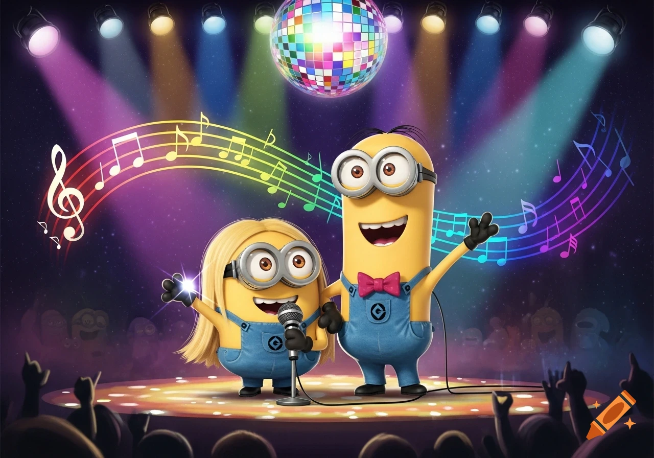 A blonde Minion and another Minion in a bow tie sing karaoke on a vibrant stage under a disco ball and spotlights, with musical notes floating.