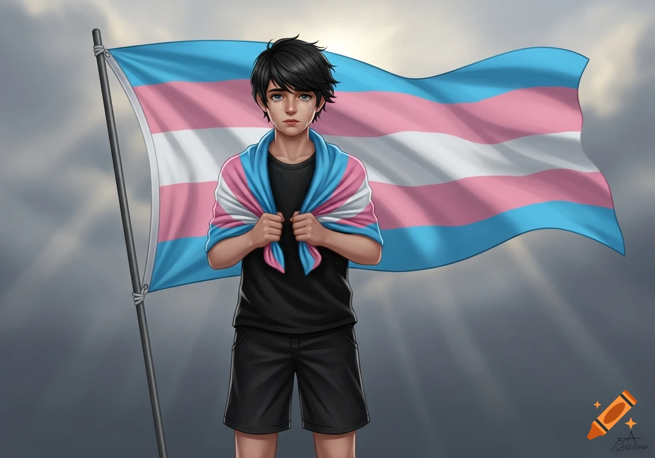 Anime illustration of a crying boy with black hair, wearing black, holding a transgender flag against a cloudy sky.