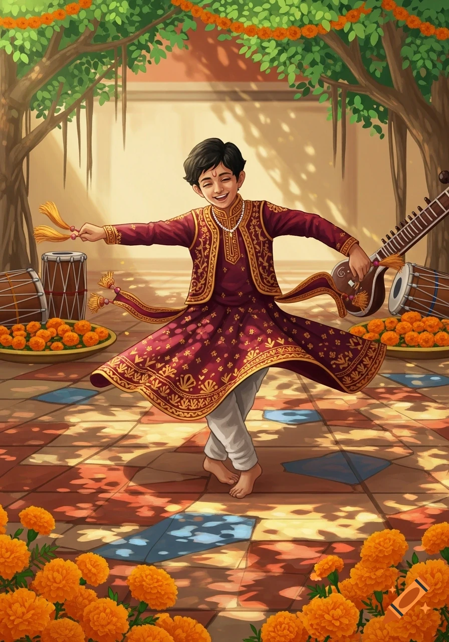 A vibrant illustration of a smiling Indian boy in traditional red and gold attire dancing in a decorated courtyard with marigolds and instruments.