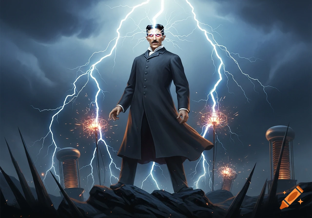 Illustration of Nikola Tesla standing dramatically amidst a lightning storm, with glowing eyes and electrical coils.