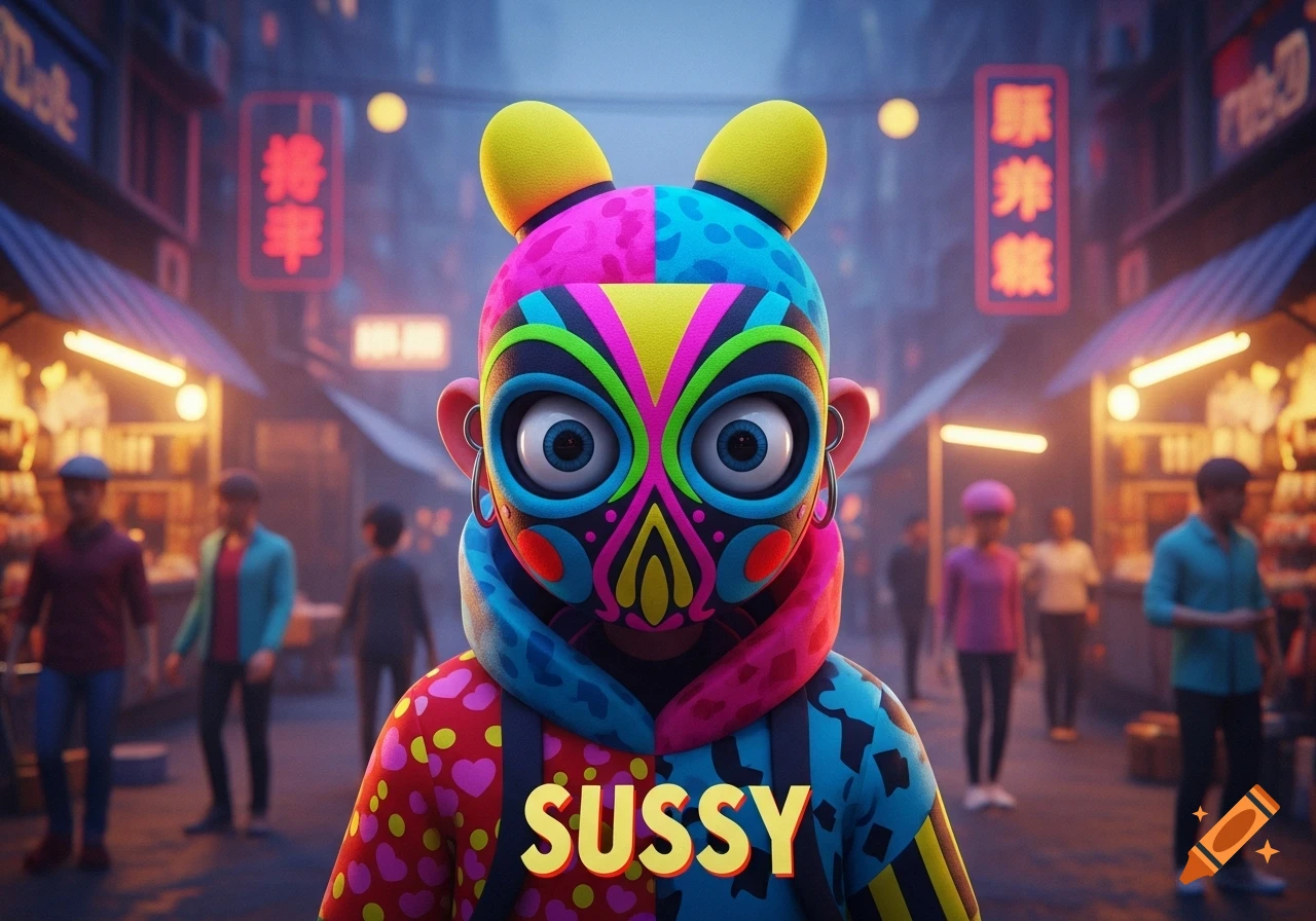 A vibrant, cartoonish character with a colorful mask and bunny ears stands in a neon-lit street market at night, with 'SUSSY' on its chest.