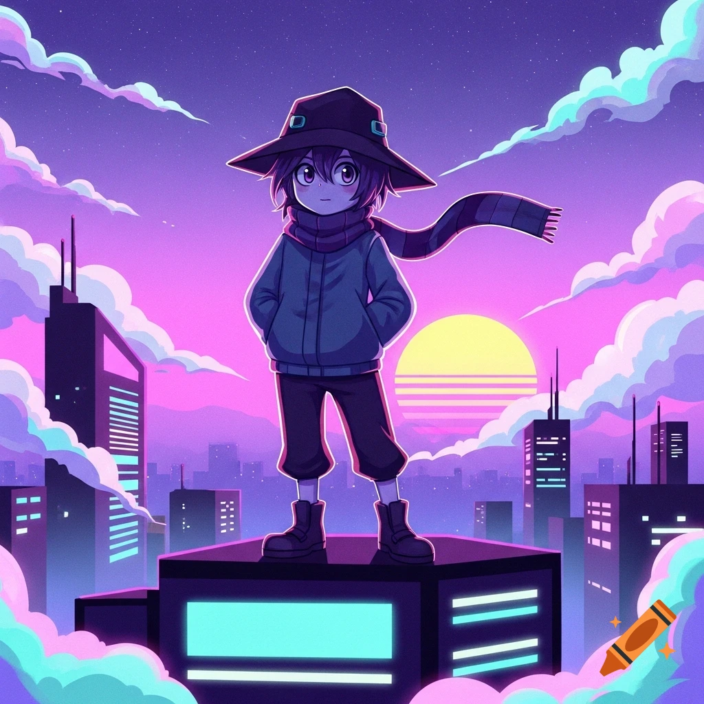 An anime character in a large hat and scarf stands atop a building, overlooking a vibrant neon vaporwave city under a sunset sky.