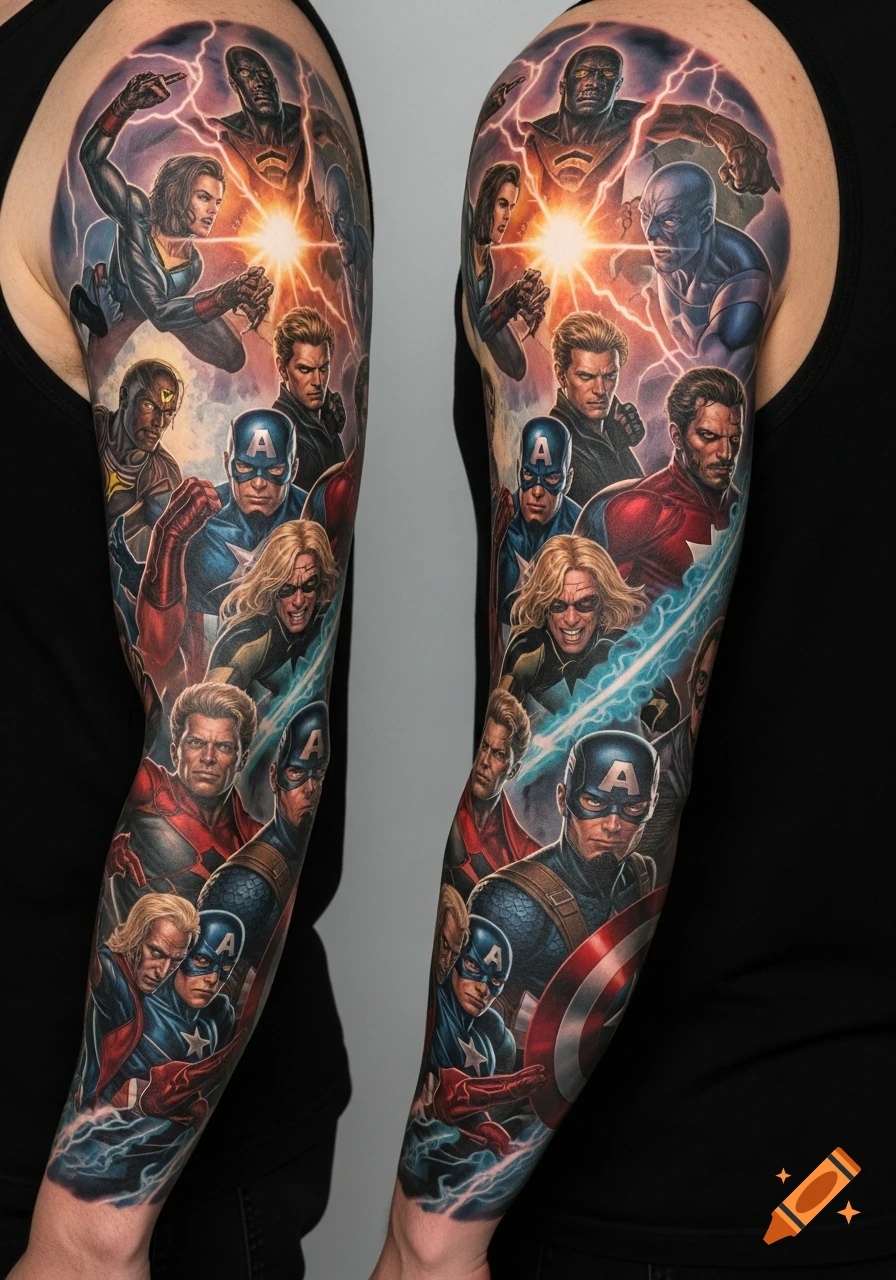 A colorful, highly detailed comic book style tattoo on an arm, featuring various Marvel-like superheroes fighting amidst lightning.