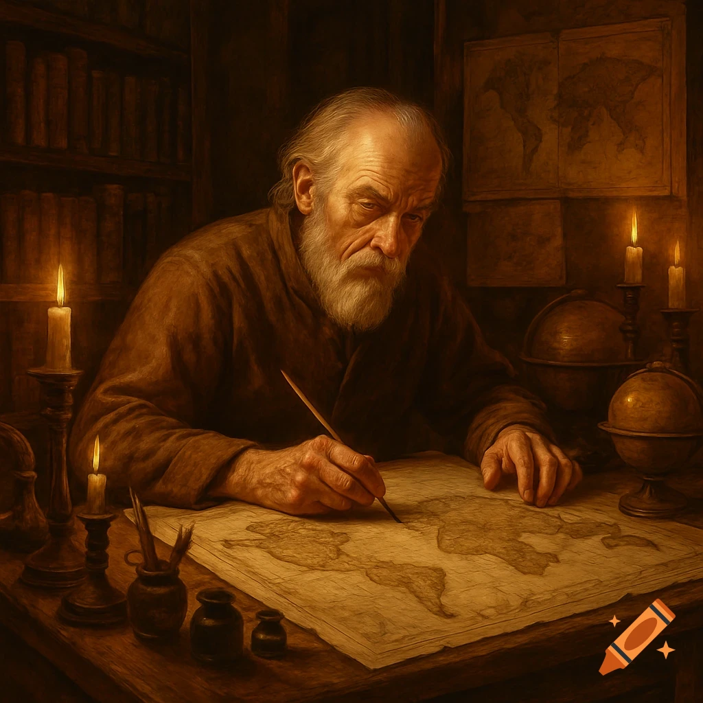 An old cartographer with a white beard sits at a candlelit wooden desk, drawing a world map with a quill.