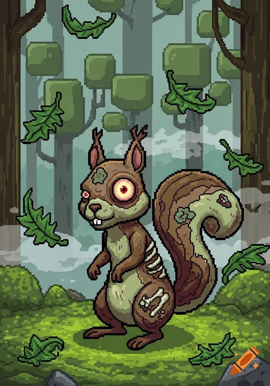 A pixel art illustration of a zombie squirrel with exposed bones and glowing red eyes, standing in a misty forest.