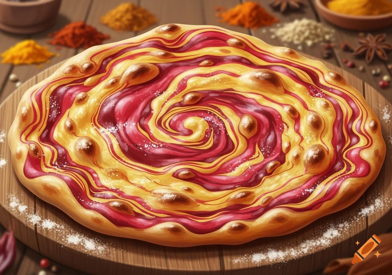 A swirled red and yellow naan bread on a wooden board, with various colorful spices in the background.