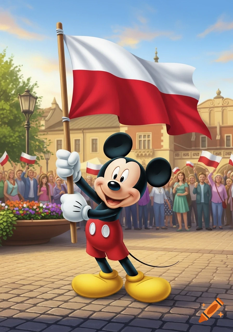 Mickey Mouse holds a Polish flag in a vibrant town square, surrounded by a cheering crowd in a cartoon illustration.