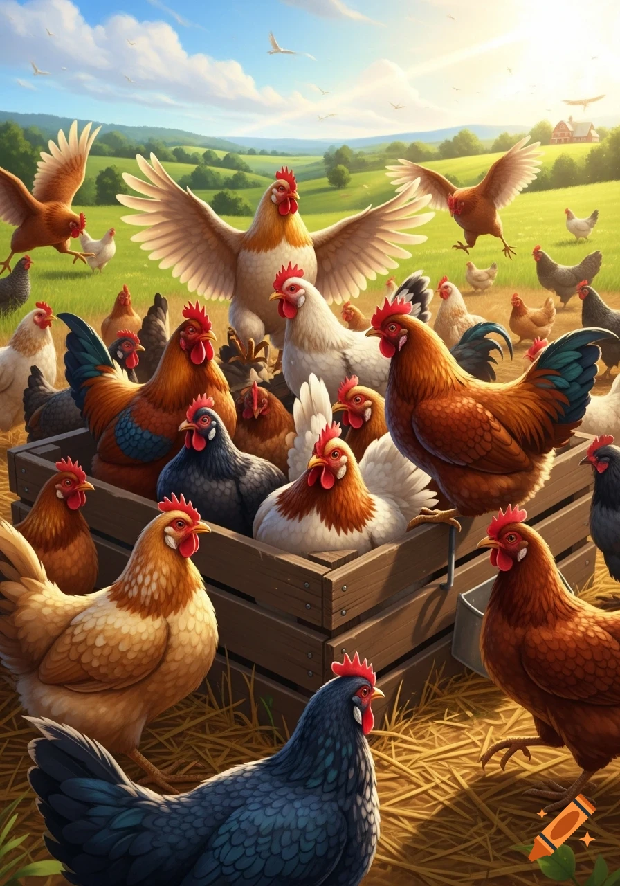 A vibrant illustration of many chickens and roosters on a sunny farm, with some inside a wooden crate.