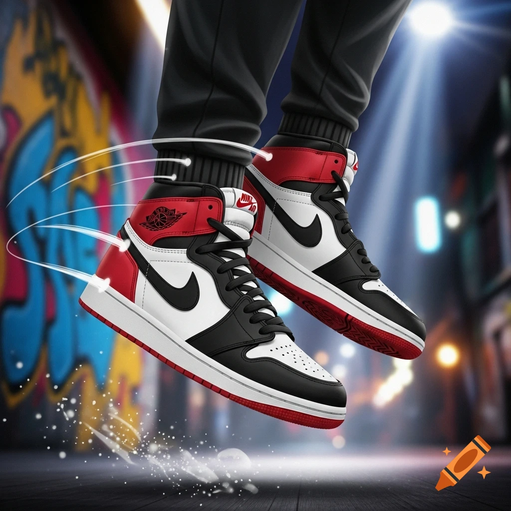 A pair of red, white, and black Nike Air Jordan sneakers floating mid-air, with motion trails and water splashes around them. A blurred urban background with graffiti and streetlights completes the dynamic scene.