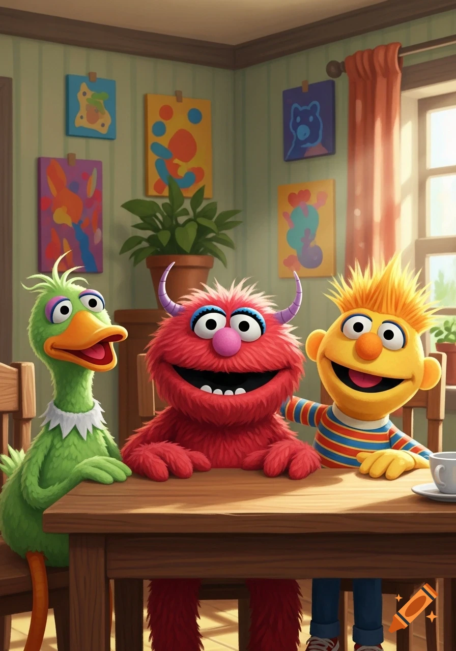 A green duck, a red furry monster with horns, and a yellow boy muppet sit at a wooden table in a sunlit room with abstract art.