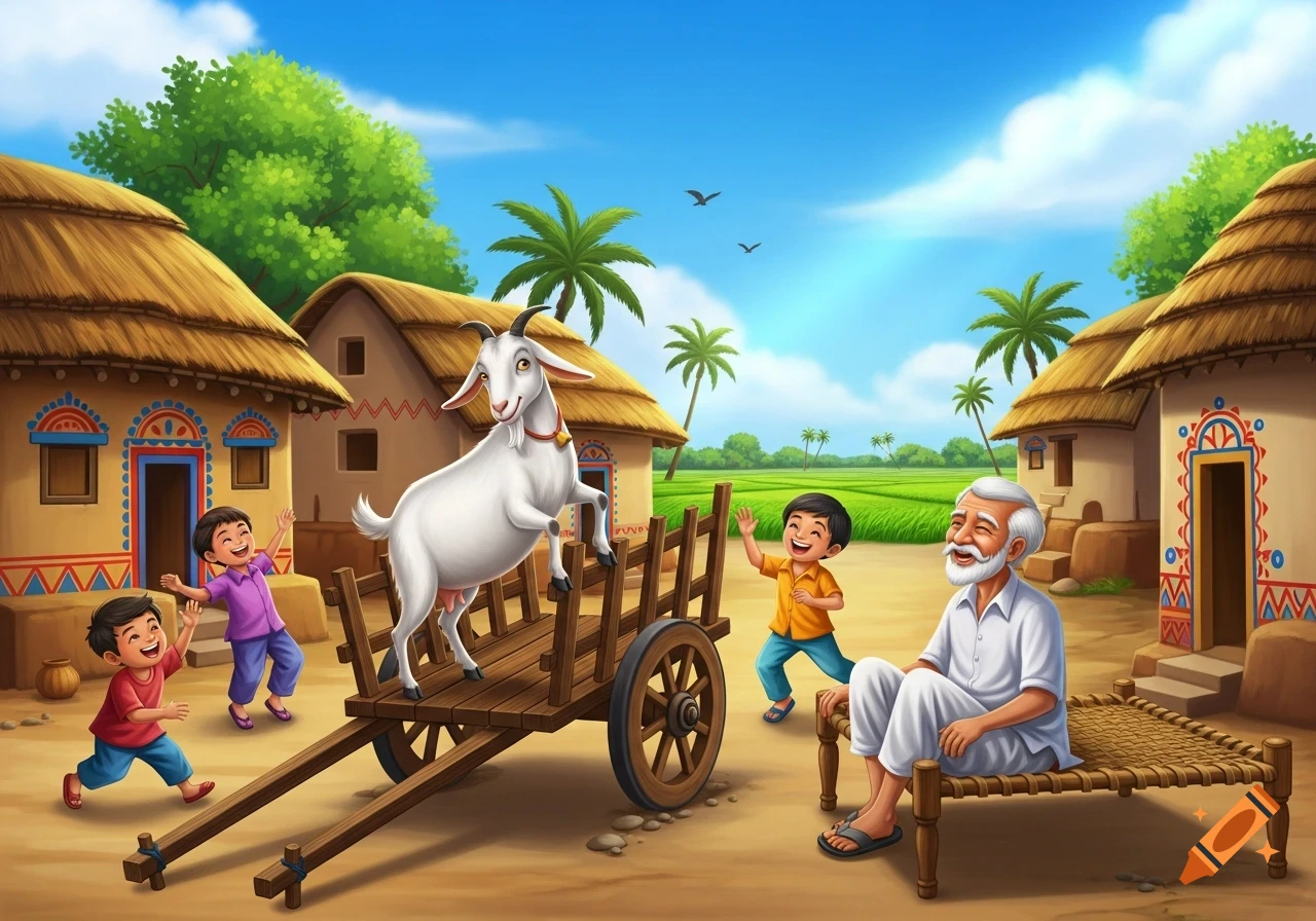 A colorful cartoon illustration of a goat on a wooden cart with laughing children and an old man in a sunny Indian village.