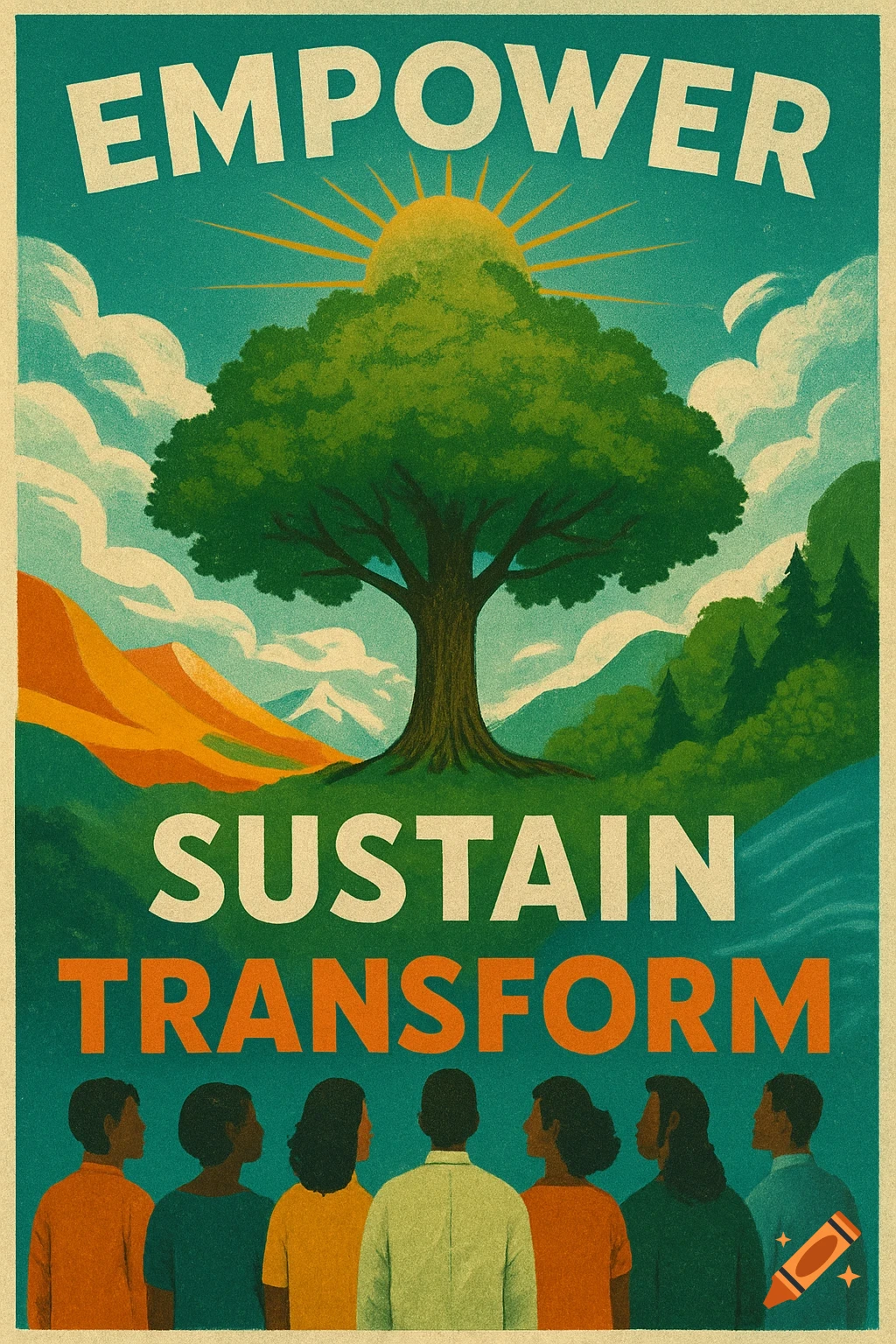 Retro poster: a large tree with a radiant sun and mountains, diverse people look up. Text: EMPOWER SUSTAIN TRANSFORM.