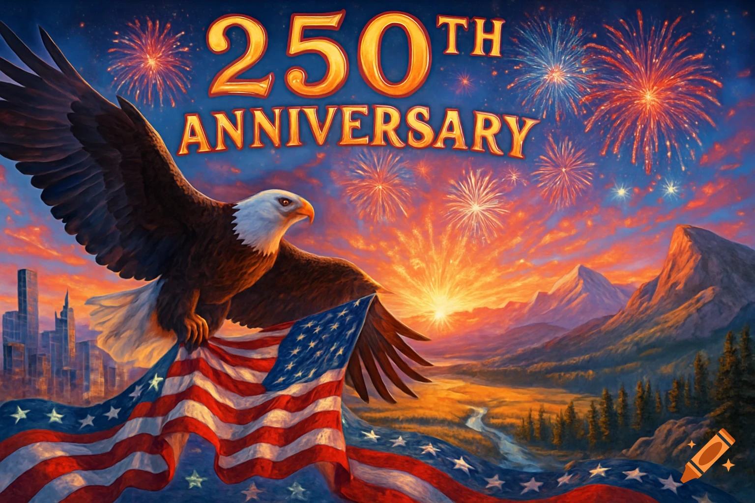 Patriotic illustration of a bald eagle holding an American flag, with '250TH ANNIVERSARY' text, fireworks, and a sunset landscape.