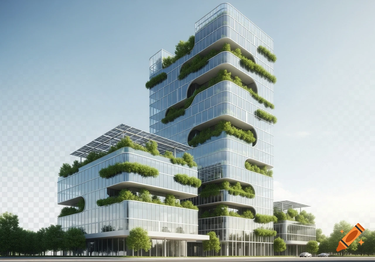 Photorealistic modern glass building with green foliage on balconies, solar panels on roof, against a clear sky and transparent background.