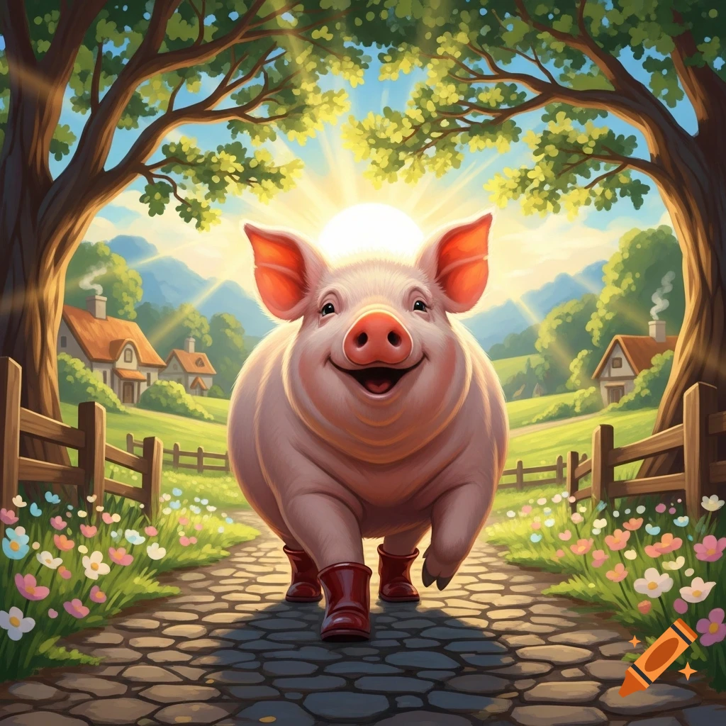 A happy cartoon pig wearing red boots walks down a cobblestone path lined with flowers, under a bright sunny sky with trees and farmhouses in the background.
