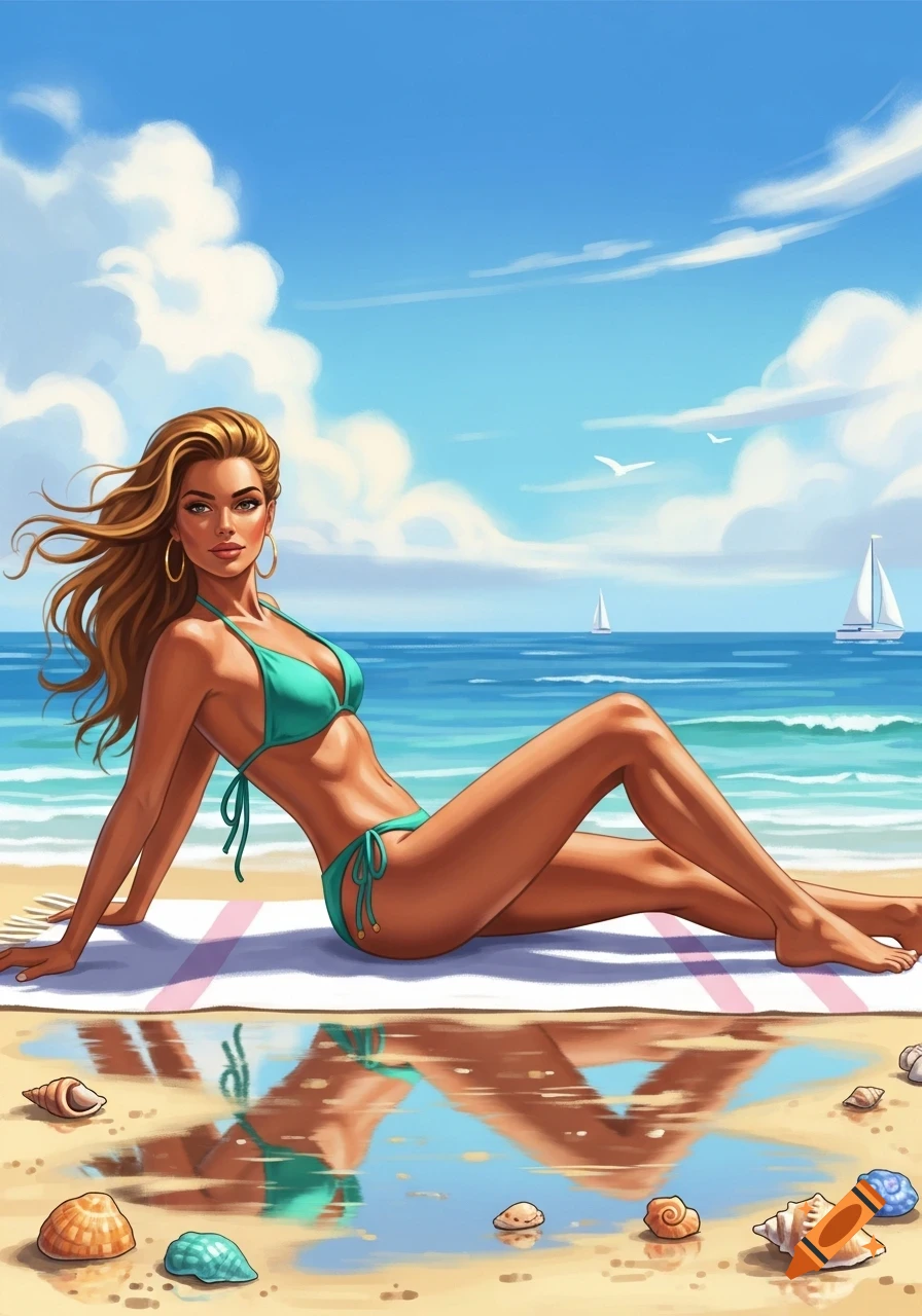 Illustrated woman in a green bikini lounging on a striped towel on a sunny beach with the ocean, sailboats, and seashells.