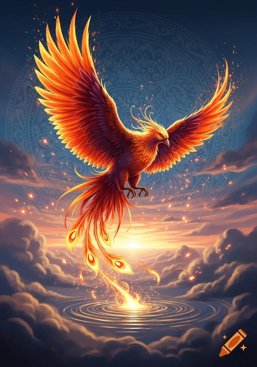 Vibrant fiery phoenix with spread wings descends over rippling water at sunset, under a deep blue sky with a subtle pattern.