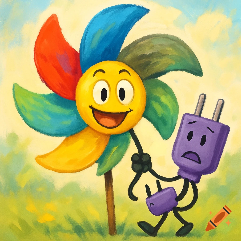 A happy, colorful pinwheel character with a smiling face holds hands with a sad purple electrical plug character in a sunny, grassy field in a painterly style.