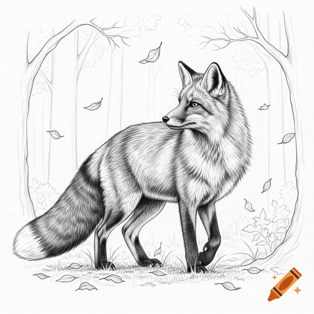 Pencil drawing of a fox standing in a forest with falling leaves.