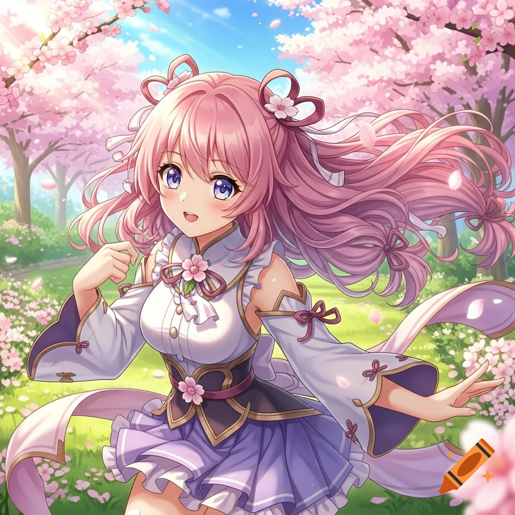 An anime girl with pink hair and purple eyes smiles in a cherry blossom ...