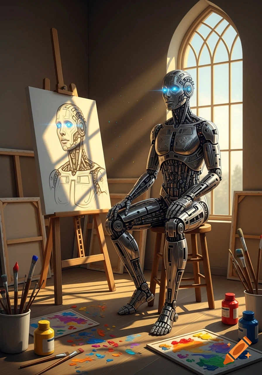 A metallic robot with glowing blue eyes sits posing on a stool in an sunlit art studio, with a robot sketch on an easel and paint scattered on the floor.