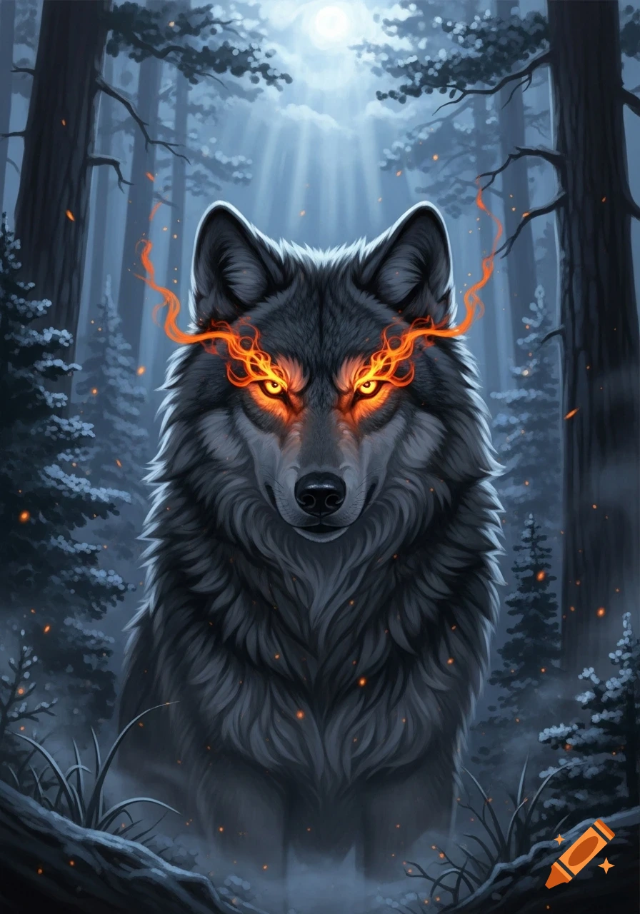 A majestic grey wolf with glowing orange, fiery eyes stands in a dark ...