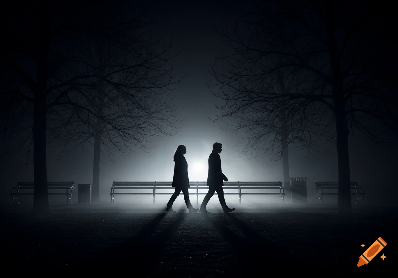 Photorealistic silhouette of two people walking past each other in a dark, foggy park at night, with bare trees and benches.