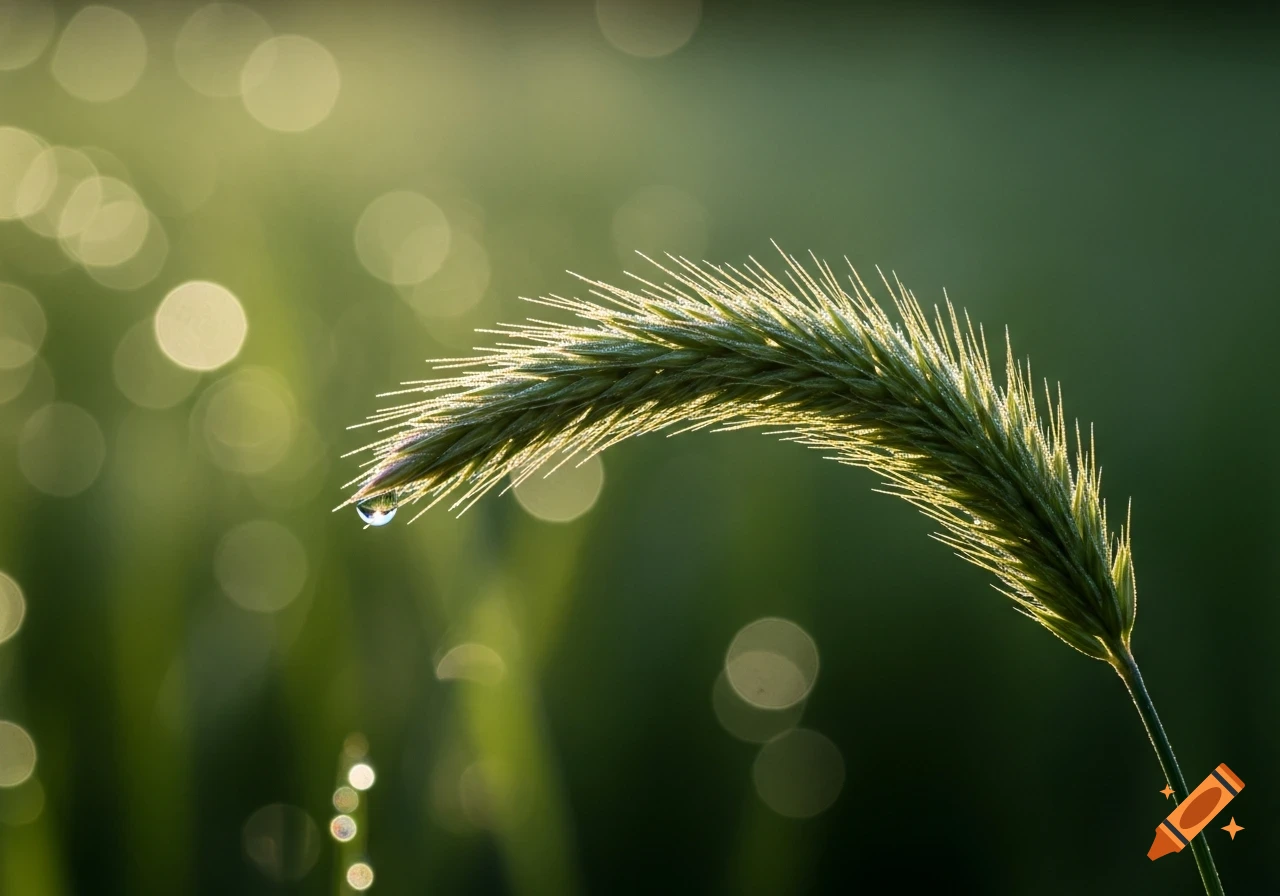 A close-up of a blade of grass with a glistening dewdrop, backlit with soft bokeh lights against a green background.