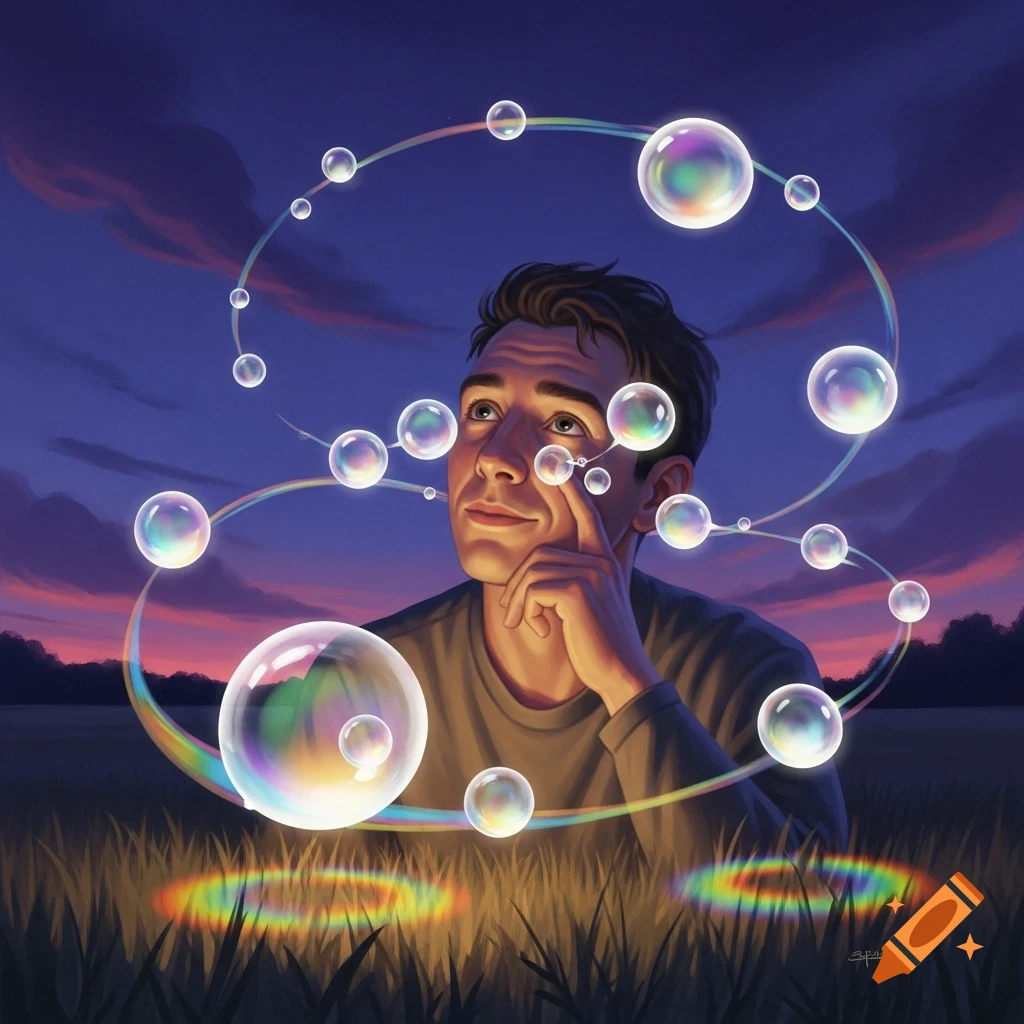 Illustrative portrait of a man in a field at dusk, looking up at iridescent bubbles floating in the air.