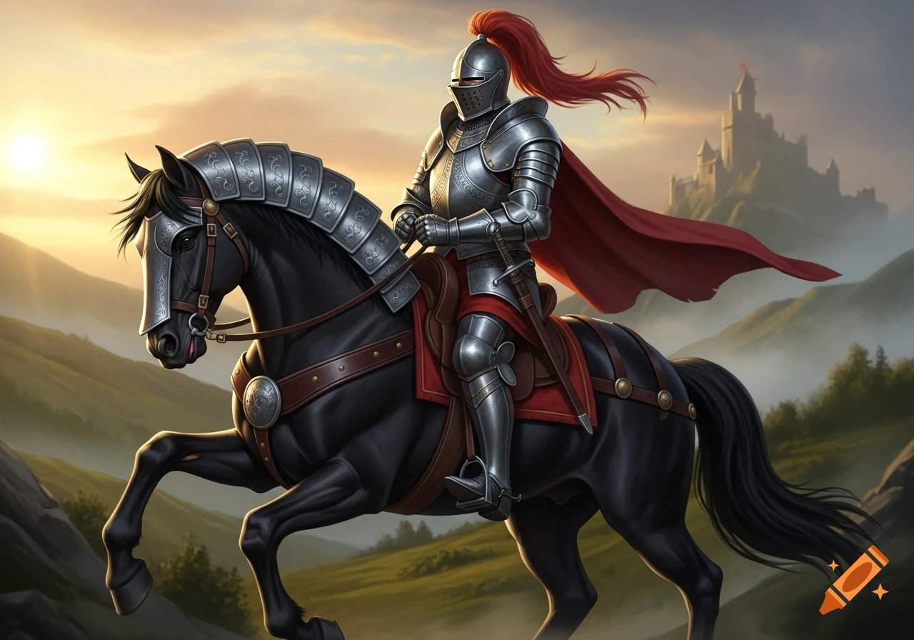 A knight in full armor with a red cape rides a black horse across a ...
