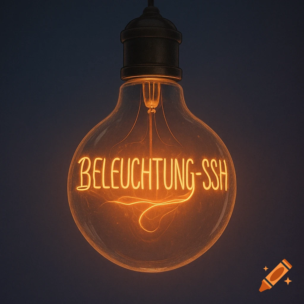 A close-up of an illuminated vintage lightbulb, with its glowing filament forming the text "BELEUCHTUNG-SSH" against a dark background.