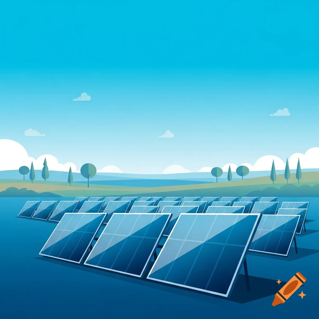 Flat illustration of a solar panel field under a bright blue sky with distant hills and trees.